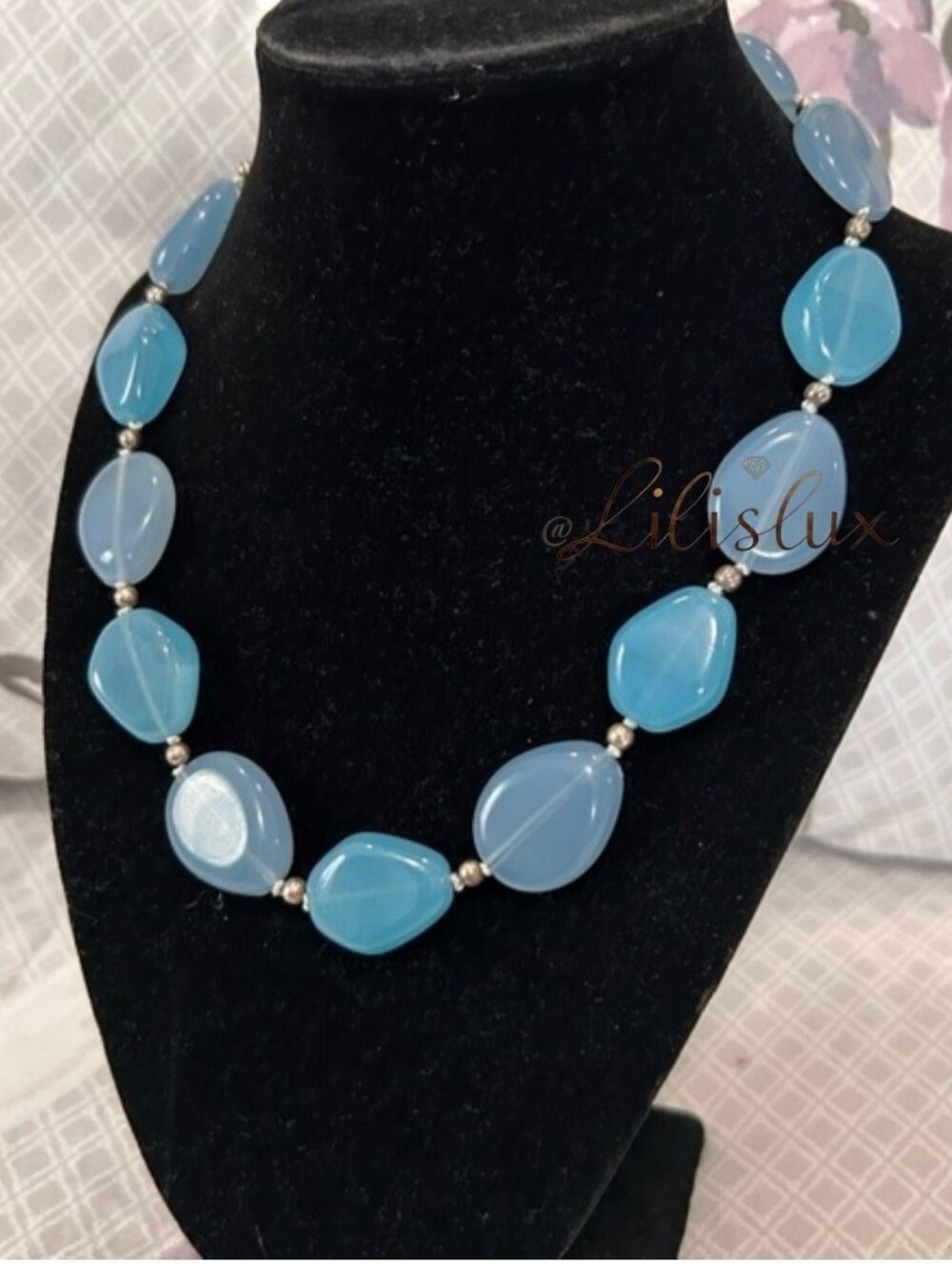16" Blue Stone Statement Necklace With Silver Spacers 4" Extender